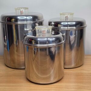 Set 3 Revere Ware MCM Nesting Canisters Tel-U-Top Stainless Steel Lucite Handles